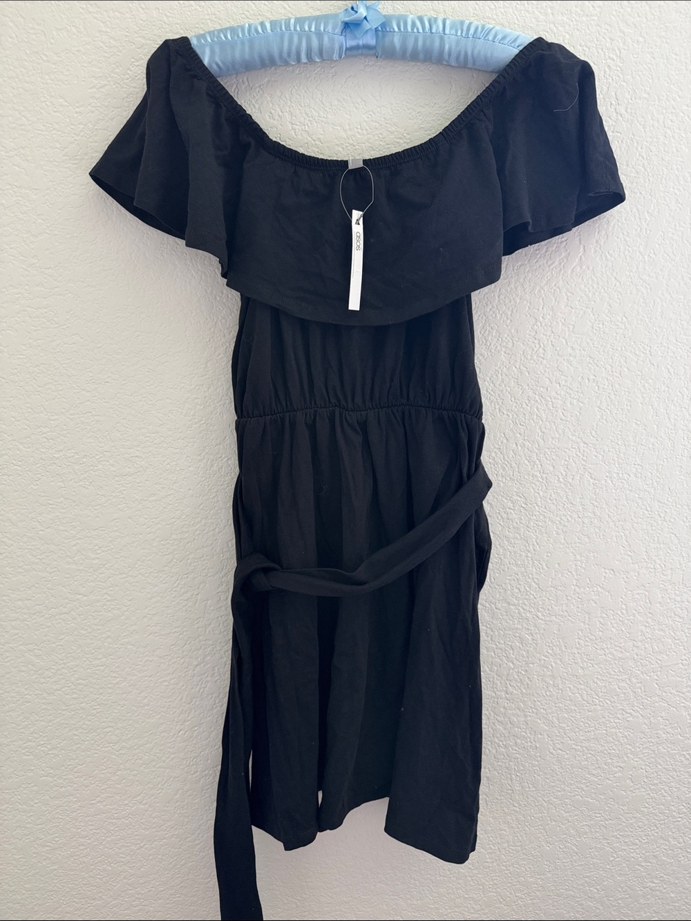 ASOS Black Off-Shoulder Midi Dress with Waist Tie
